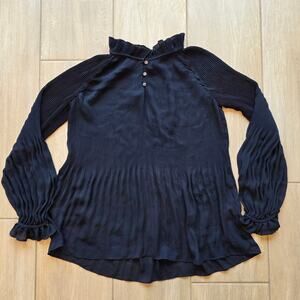 Banana Republic Pleated Ruffle Neck Blouse Navy Long Sleeve Peasant Top S